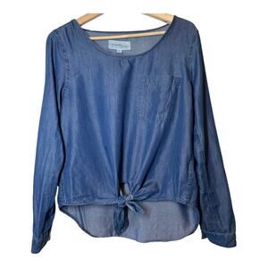 Young Hearts Run Free Cotton Lyocell Chambray Long Sleeve Tie Front Shirt Top M